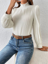 Frill Trim Mock Neck Lantern Sleeve Blouse